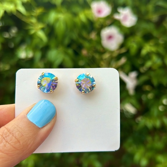 Iridescent Blue + Gold Crystal Earrings - Picture 9 of 16